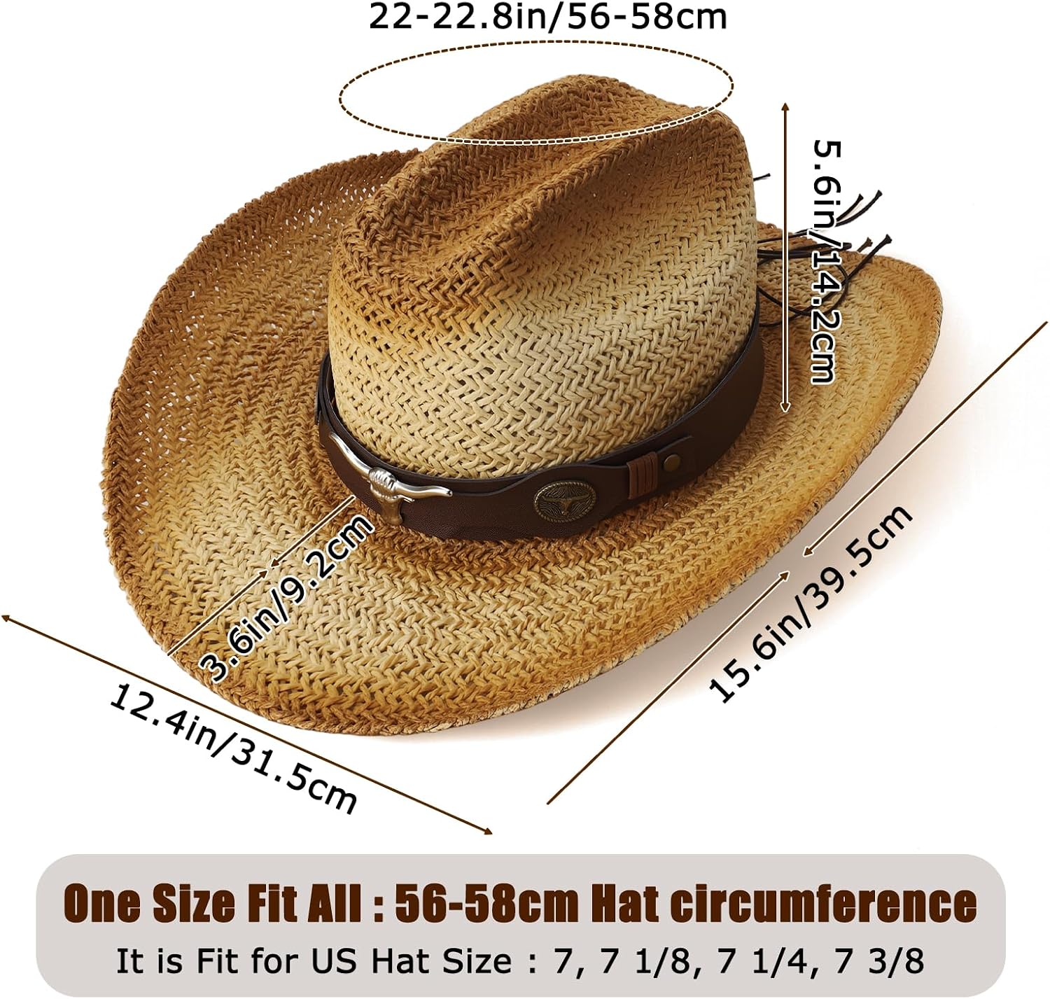 Straw Cowboy Hat with Two Hat Bands, Wide Brim Western Cowgirl Hat for Men and Women, Summer Beach Sun Hat