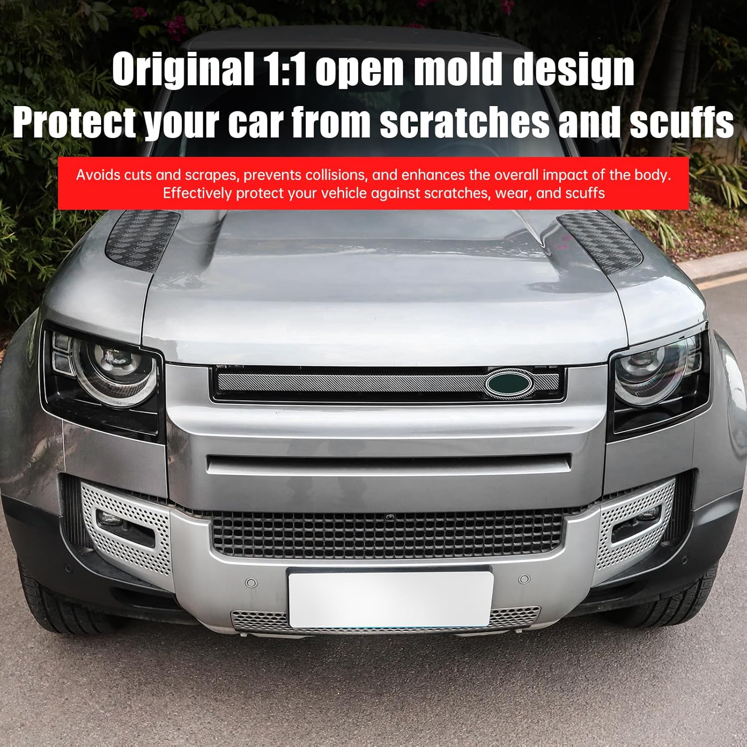 Medium Mesh Grille Trim for 2020-2025 2026 Land Rover Defender 90 110 130 Front Hood Emblem with English Letters Body Trim Strip Dark Black Exterior Kit Aftermarket Accessories (Carbon fiber texture)