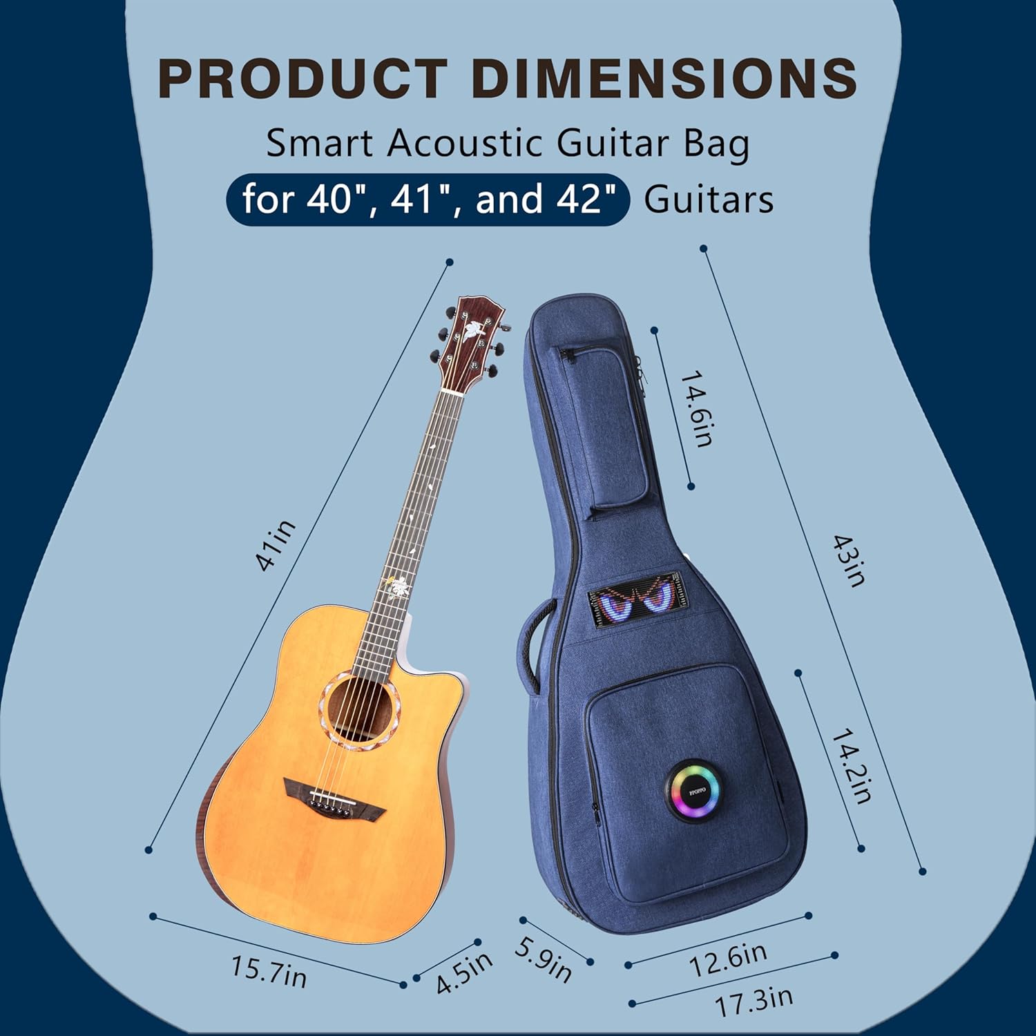 40/41/42" Smart Acoustic Guitar Gig Bag, 0.7" Thick Protective Padding, Water Resistant Soft Guitar Backpack Case with App-Controlled LED Display, Bluetooth Speakers & Sponge Neck Cradle
