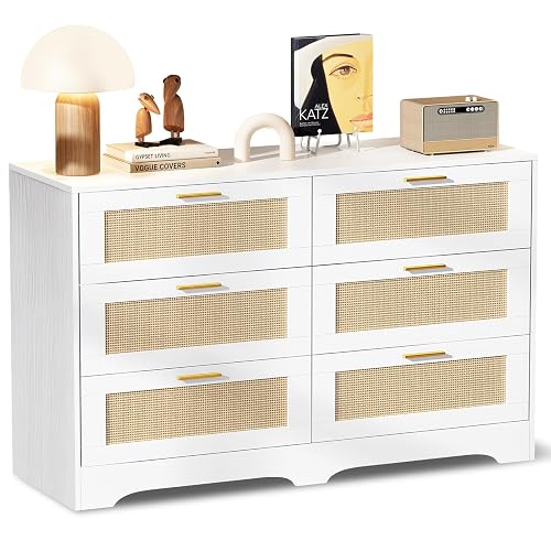 Redlife White Rattan Dresser for Bedroom, 6 Drawer Dresser with Golden Handles, Wood Storage Chest of Drawers for Closet, Living Room, Hallway and Entryway - Easy Assembly