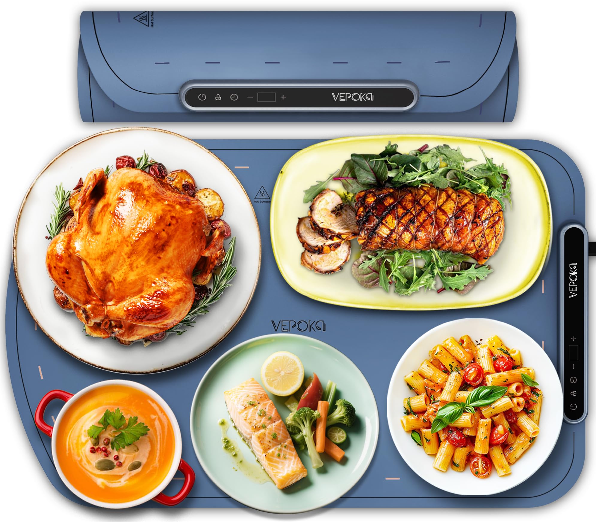 VEPOKA Food Warming Mat for Buffet, Electric Warming Tray to Keep Food Warm at Party, Silicone Heating Mat with 7 Temperature Levels& Auto Shut-Off, Food Warmers for Parties, Gatherings, Everyday Use Dark Blue