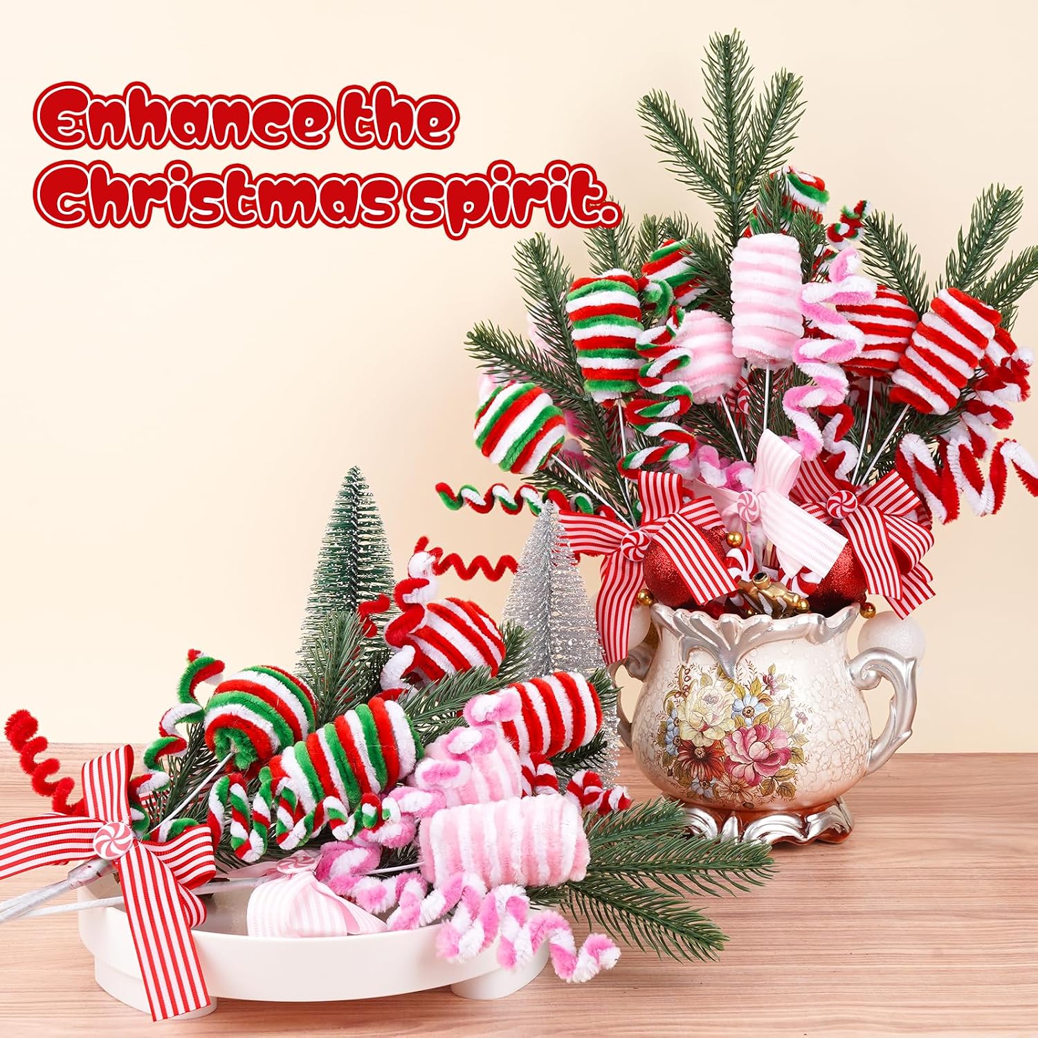 Peppermint Christmas Tree Picks Set of 4, Red and White Candy Cane Ornament Sprays with Bows and Greenery, Christmas Tree Topper Decorations, Peppermint Christmas Decor for Tree, Wreath and Garland