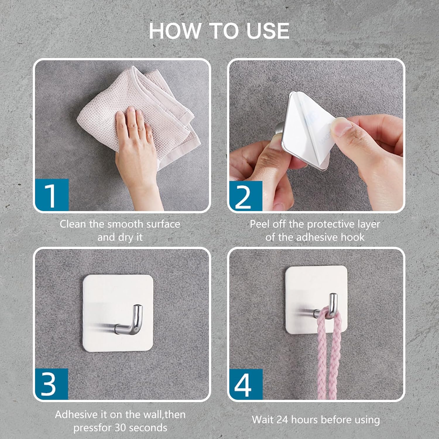 SetSail Adhesive Towel Hooks for Bathrooms Wall Mounted 4 Packs Stainless Steel Silver Towel Hook Heavy Duty Wall Hooks for Coat Hanging