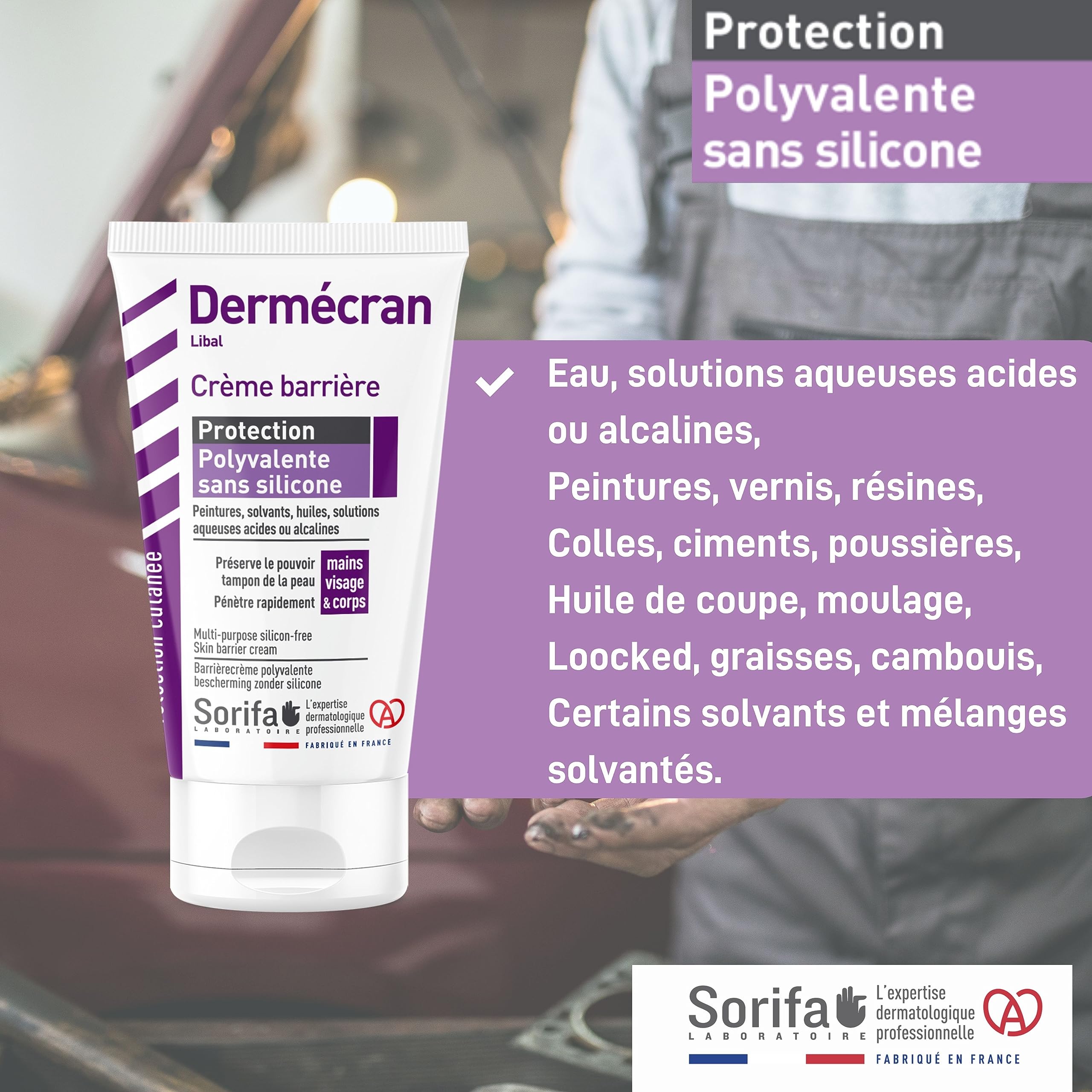 Lot de 3 – Dermécran – Crème barrière - Protection polyvalente sans silicone – Peintures, solvants, huiles, solutions aqueuses – Mains, visage et corps – Sans parfum – Tube 50 ml.