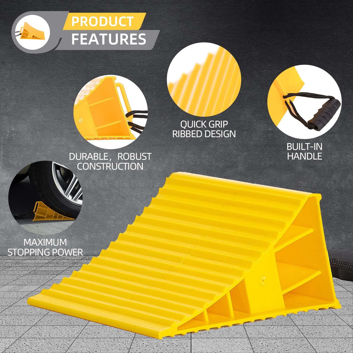 Homeon Wheels RV Camper Large Wheel Chocks Extra Wide with Handle and Rope for Travel Trailers, Cars, Tire Chocks Blocks 2 Packs Hard Plastic Heavy Duty(Yellow)