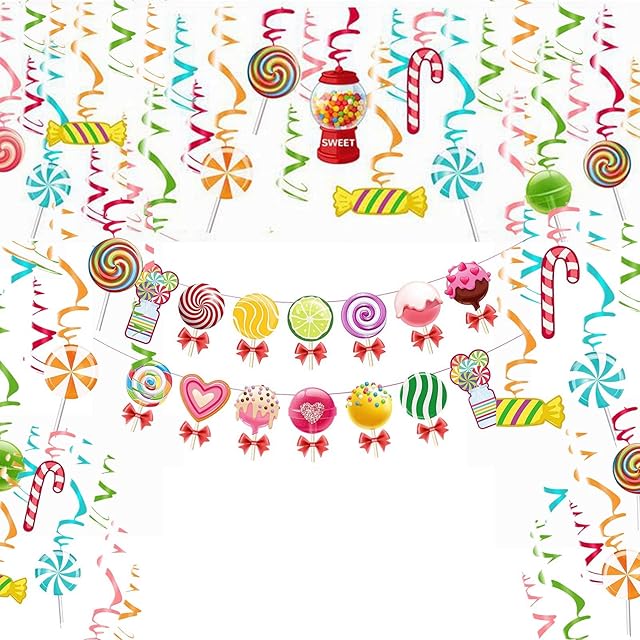 30 Swirls & 1 Banner Candy Party Decoration Kit Candy Lollipop Hanging Swirls & Banner Set Candyland Party for Girls Kids Birthday Baby Shower 1st Birthday Classroom Events Sweet Shop Party Supplies
