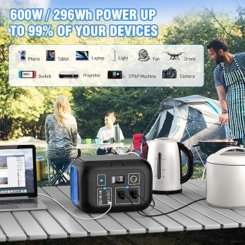 Portable Power Station 600W Power Bank 296Wh Solar Generator Lithium Battery Portable Generator Fast Charging with LED Light Battery Pack 9 Outputs Power Supply for Home Camping Emergency Backup