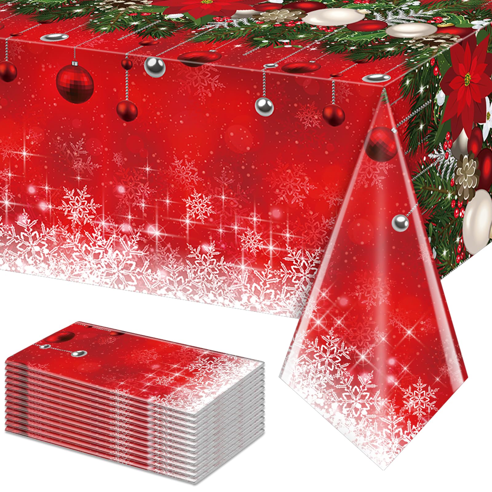 12Pieces Merry Christmas Tablecloth Plastic Christmas Tree Ball Table Cover Rectangle Winter Snowflake Tablecloth for Merry Christmas Holiday New Year Eve Party Decorations Supplies,54x108inch