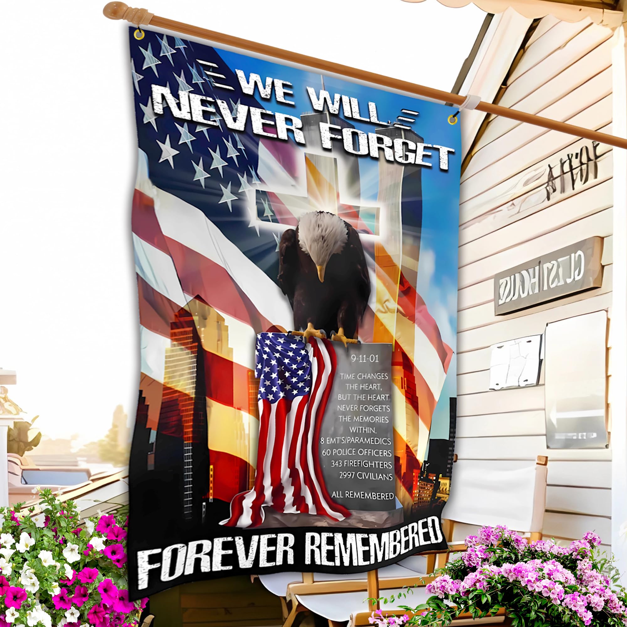 3x5 Ft NEVER FORGET 9/11 USA NY Skyline Flag – 100% Polyester, Printed, Outdoor/Indoor Use