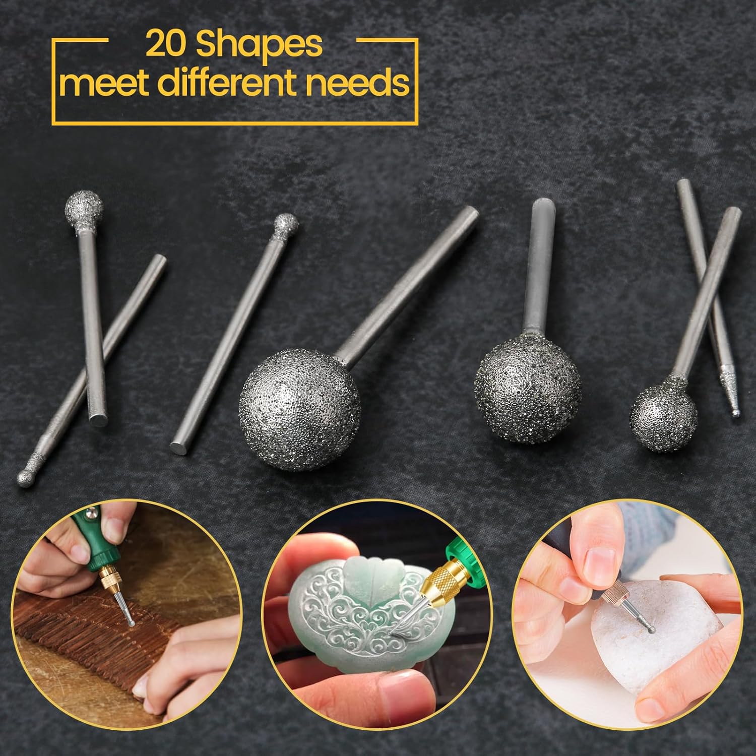 Stone Carving Set Diamond Burr Bits Compatible with Dremel, 20PCS Polishing Kits Rotary Tools Accessories with 2.35mm 3mm Shank Round Shape for Carving, Engraving, Grinding, Stone, Rocks, Jewelry