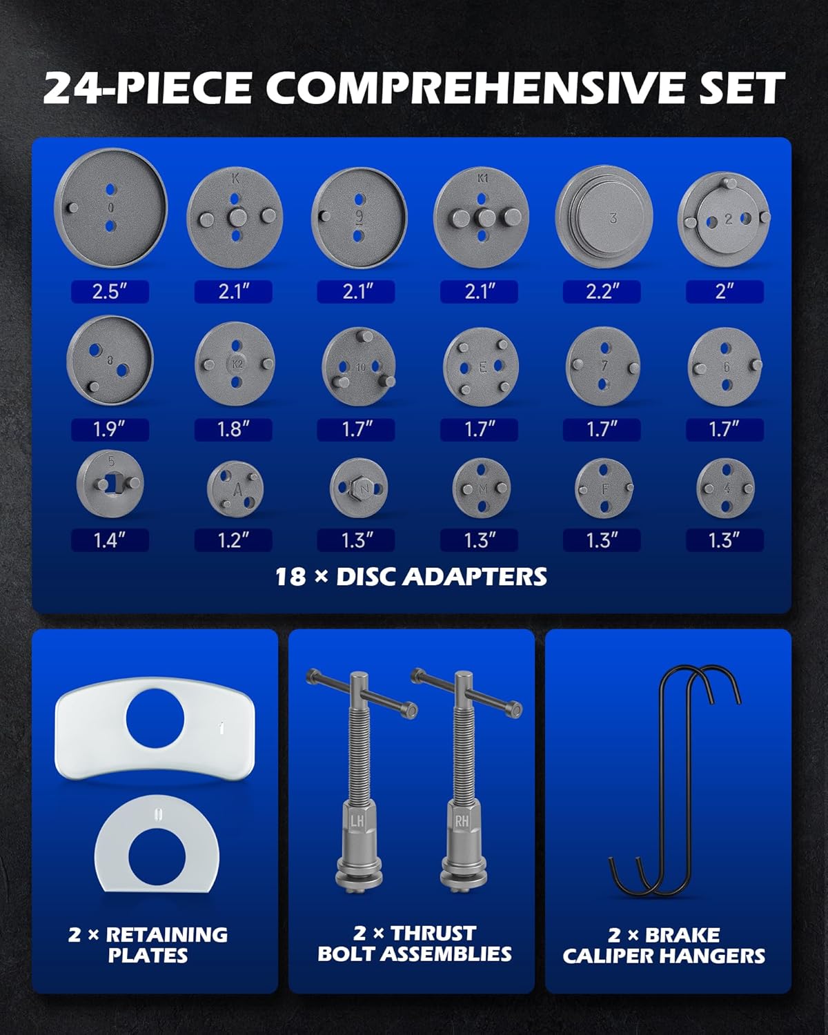 Orion Motor Tech Brake Caliper Wind Back Tool Kit, 24pc Brake Caliper Compression Tool Set with Thrust Bolt Assemblies Retaining Plates Caliper Hangers 18 Disc Adapters, Caliper Tool with Case