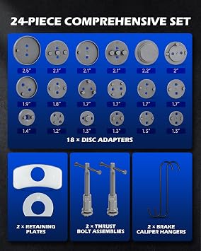 Orion Motor Tech Brake Caliper Wind Back Tool Kit, 24pc Brake Caliper Compression Tool Set with Thrust Bolt Assemblies Retaining Plates Caliper Hangers 18 Disc Adapters, Caliper Tool with Case