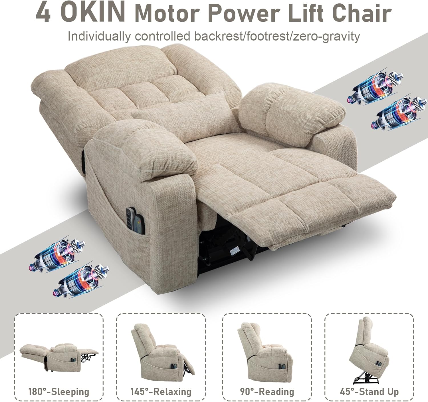 4 OKIN Motors Power Lift Recliner Chair for Elderly, Oversized Big Tall Recliners with Power Adjustable Headrest Backrest, Zero Gravity Lift Chair for Big Man 400lbs, Chenille Cream
