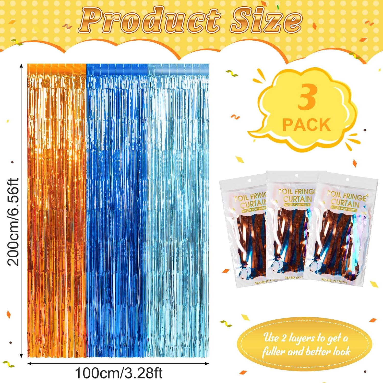 3 Pack 3.3X6.6Ft Blue Dog Foil Fringe Curtains Backdrop Decorations, Orange and Light Blue Birthday Party Tinsel Metallic Streamers Photo Booth Background for Dog Theme Party Supplies image 4