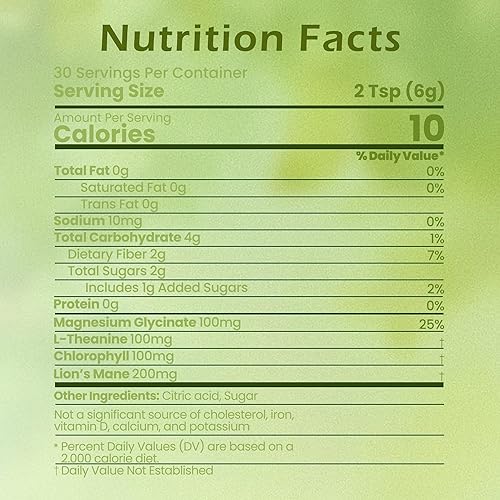 Miniatura 2 de Polvo de glicinato de magnesio y clorofila con L-teanina, melena de león  Apoyo al sueño tranquilo, alivio del estrés y desintoxicación  Jugo en