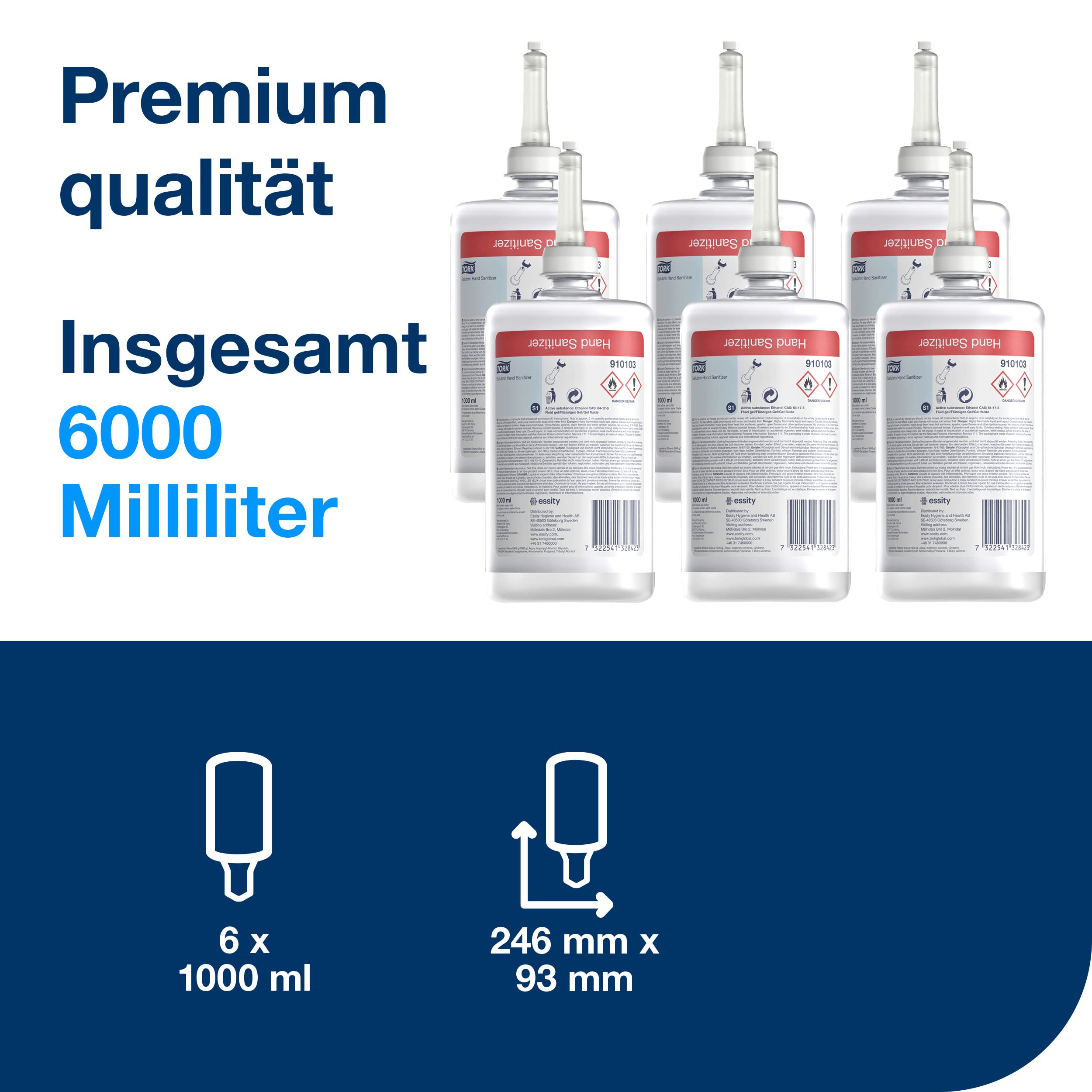 Tork Feuchtigkeitsspendendes Salubrin Händedesinfektionsgel Nachfüllmaterial S1, 6 × 1000 ml, 910103
