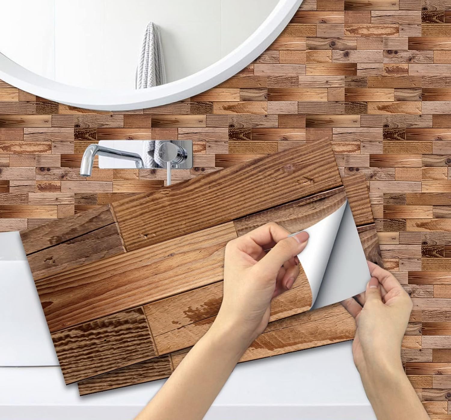A.Monamour Self-Adhesive Peel and Stick 3D PVC Wall Tile Wooden Pattern Sticker Waterproof Wear-Resistant Stain-Resistant for Kitchen Bathroom Backsplash Furniture Staircase Decoration 15cmx30cm