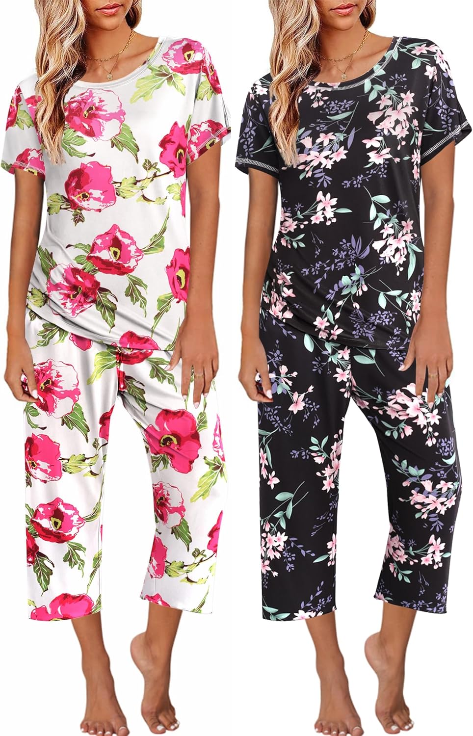 Ekouaer 2 Pack Womens Pajamas Sets Short Sleeve Tops and Capri Pants Pjs Colorful Printed Sleepwear Sets