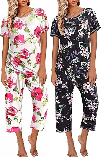 41% off: Ekouaer 2 Pack Womens Pajamas Sets Short Sleeve Tops and Capri Pants Pjs Colorful Printed …