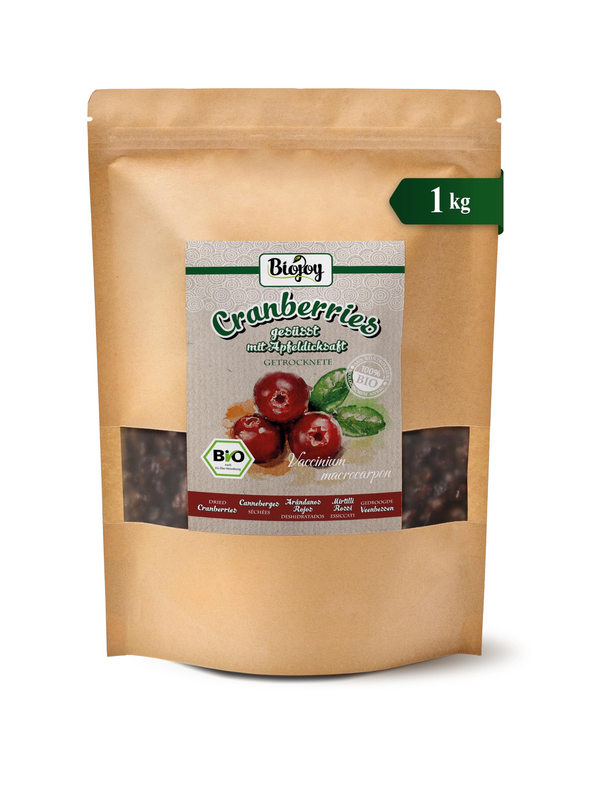Biojoy Mirtillo Rosso essiccato Biologico (1 kg), Mirtilli Rossi dolcificati con Concentrato di Succo di Mela