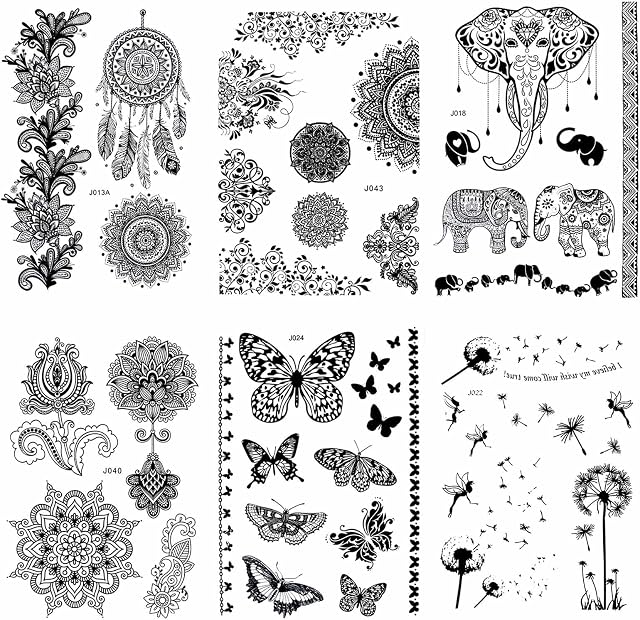 Pinkiou Temporary Tattoo Black Art Sticker Women Lace Mehndi Flower Butterfly Waterproof Body Stickers (6 pieces)