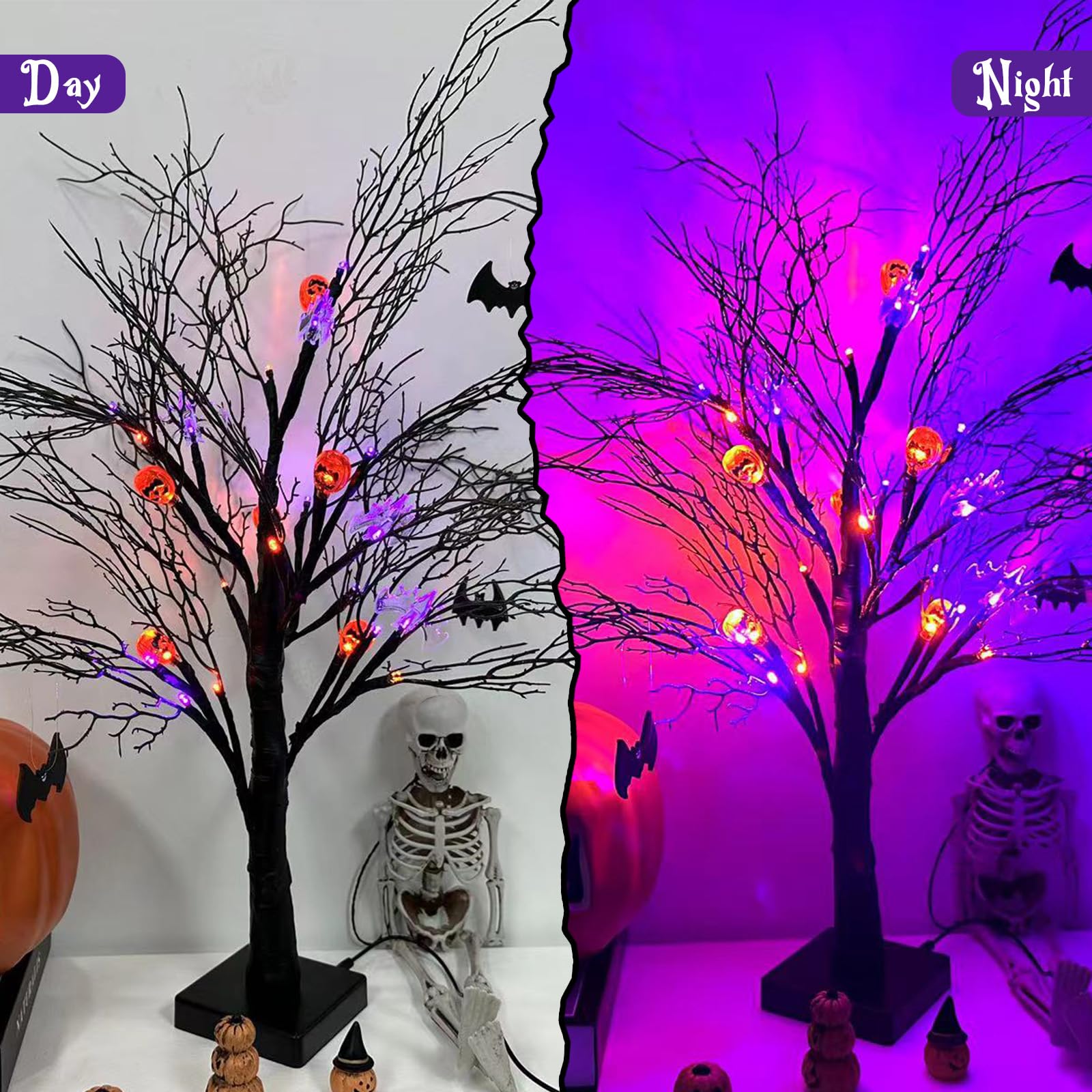 2-Pack Halloween Trees With Purple LED Lights - 18IN Black Spooky Trees With Bat Ornaments
