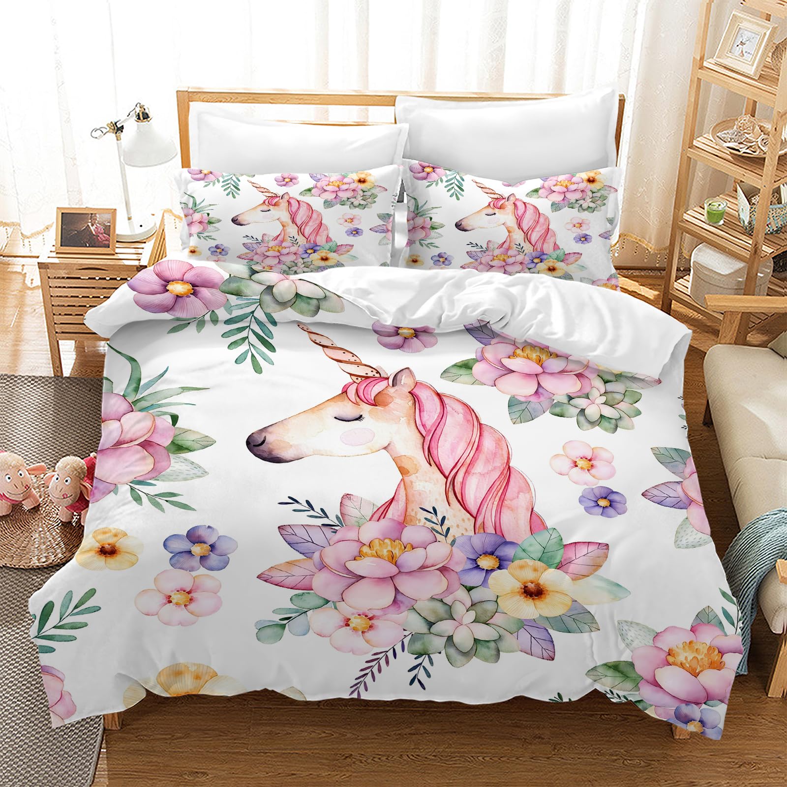Housse de couette licorne 220x240 avec taies d'oreiller, le cadeau de lit fille idéal