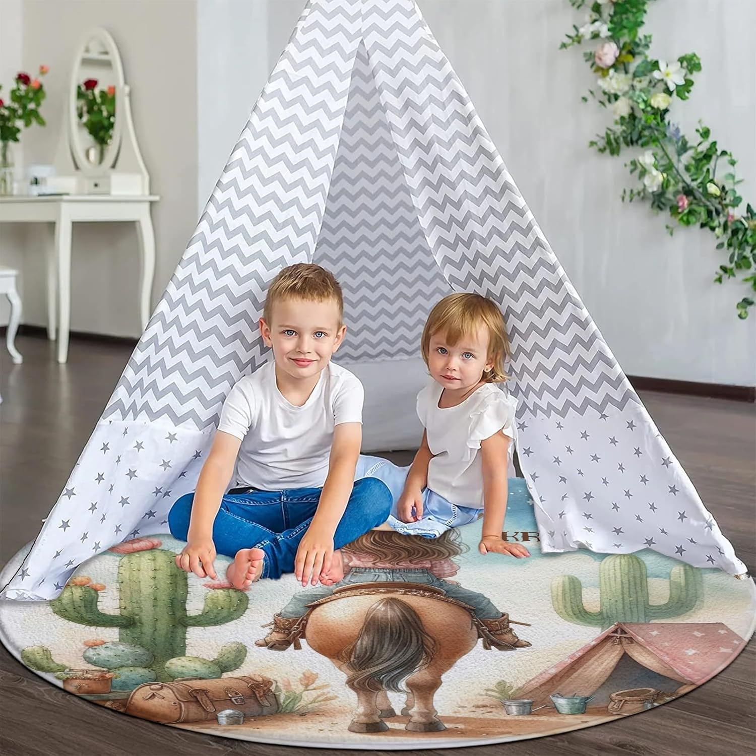 Western Rustic Cowboy Kids Area Rug for Playroom, Wild West Cowgirl Kids Classroom Carpet Rug, Custom Name Washable Play Mat Rug for Children Nursery Toddler Room Decor 80CM