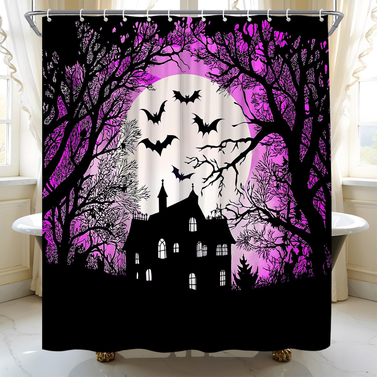 Spooky Halloween Shower Curtain Scary Bat Castle Dead Tree Full Moon Blue Gothic Mysterious Horror Home Fabric Bathroom Decor Set Include Hooks,(70" Wx74.8 H)