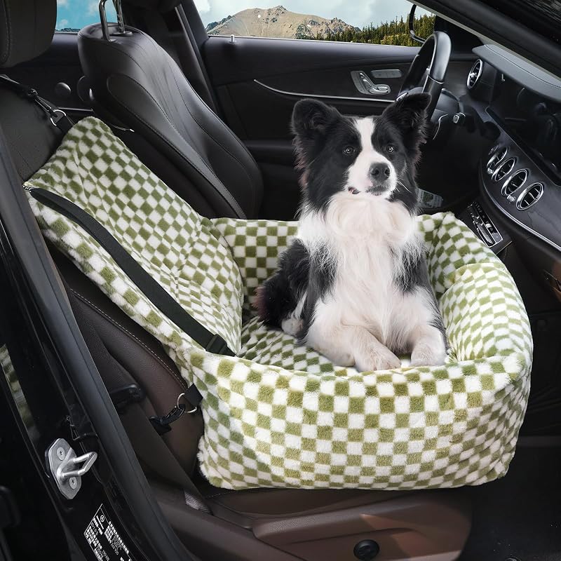 Assento Elevatório para Cães Pequenos RUONARIER com Capa Lavável e Cinto de Segurança, Grid Verde, até 13,6 kg
