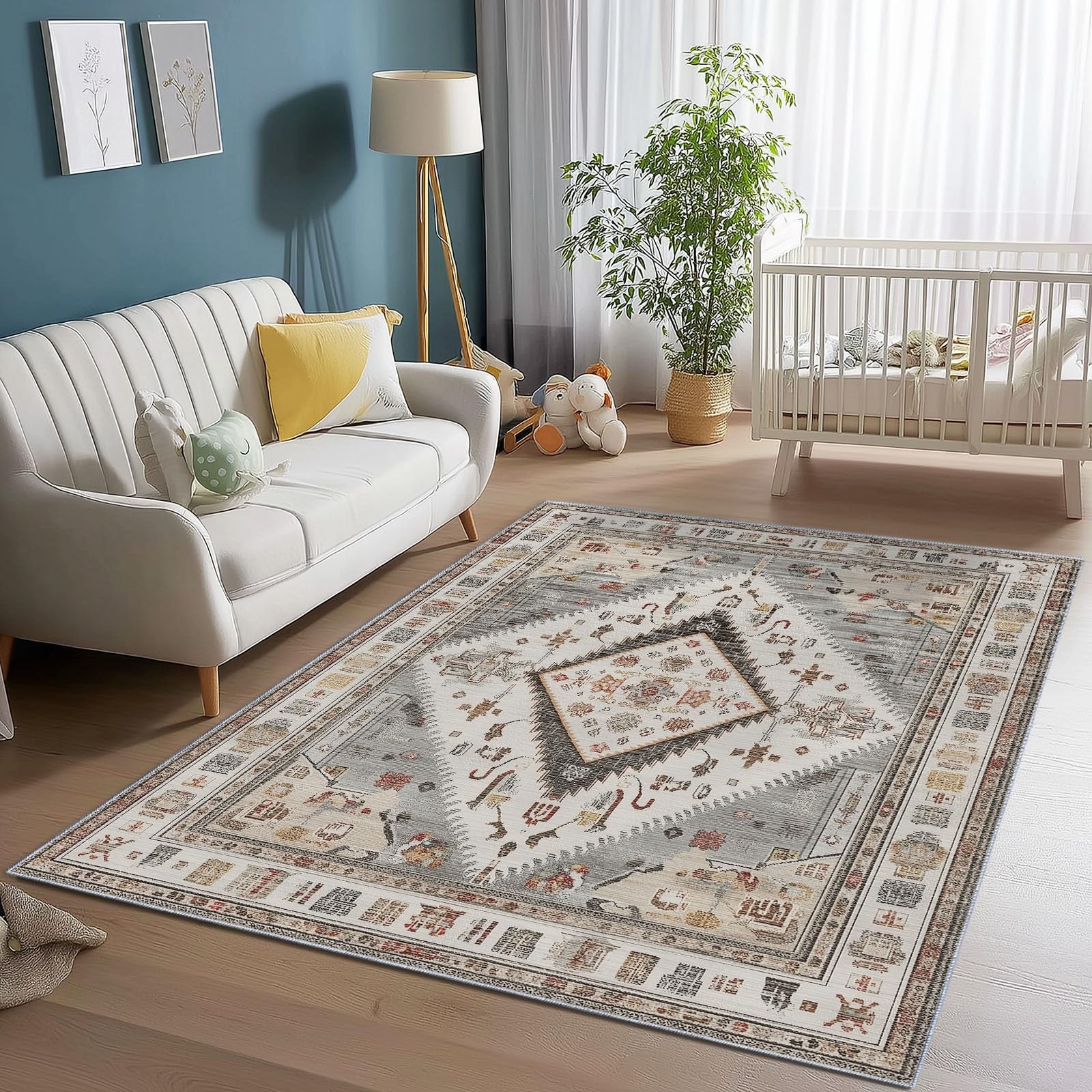 Niedriger Stapel Teppich Antirutschunterlage 120 x 180 cm, Klassisch Vintage Symmetrie Geometrisch Druck Teppich Wohnzimmer, Mehrfarbig Teppiche Waschbar für Küche, Flur, Schlafzimmer, Spielzimmer