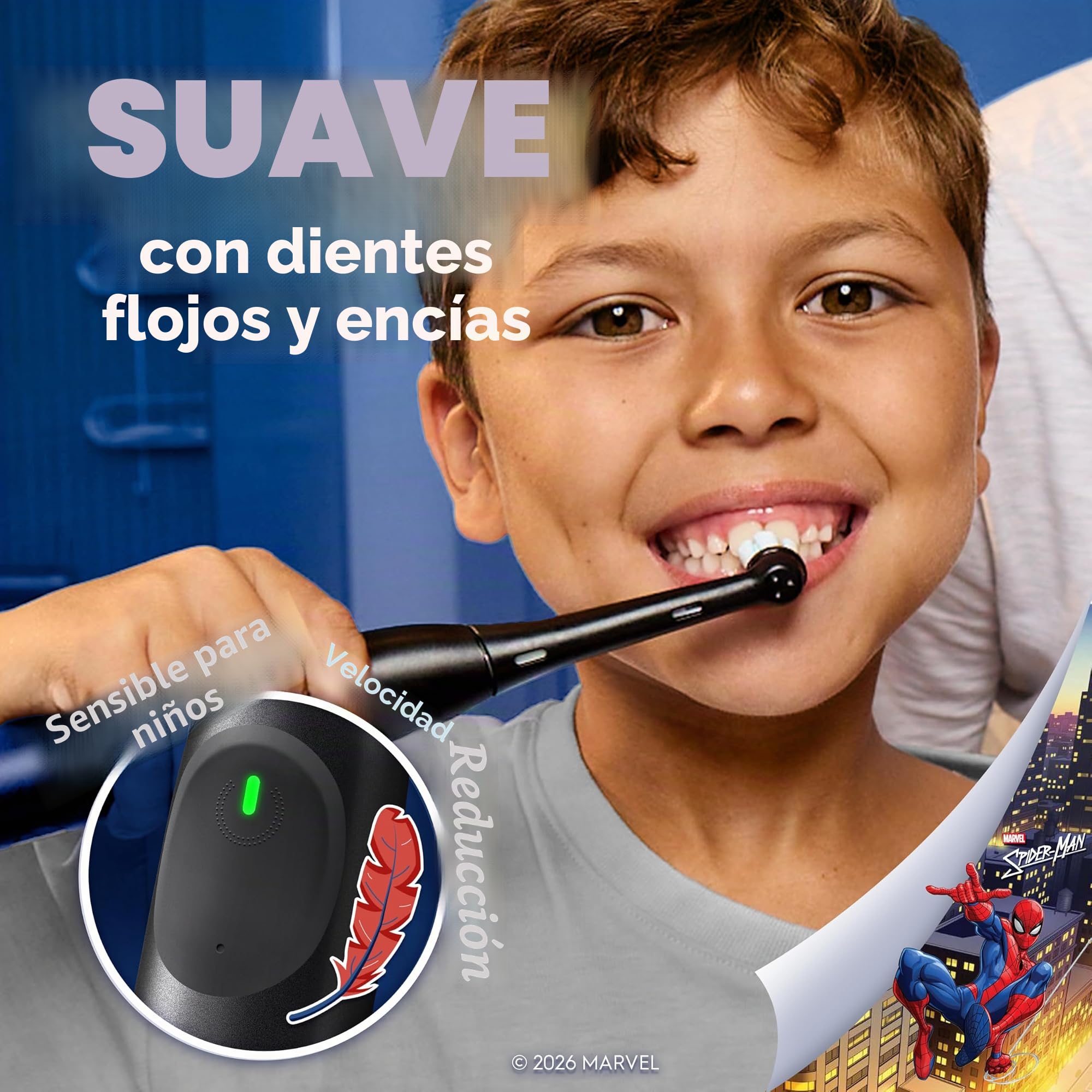 Oral-B iO Kids Limited - Cepillo de dientes eléctrico recargable, Spiderman con 1 cabezal de cepillo de cuidado suave, sensor de presión automático para proteger las encías, 3 ajustes de limpieza