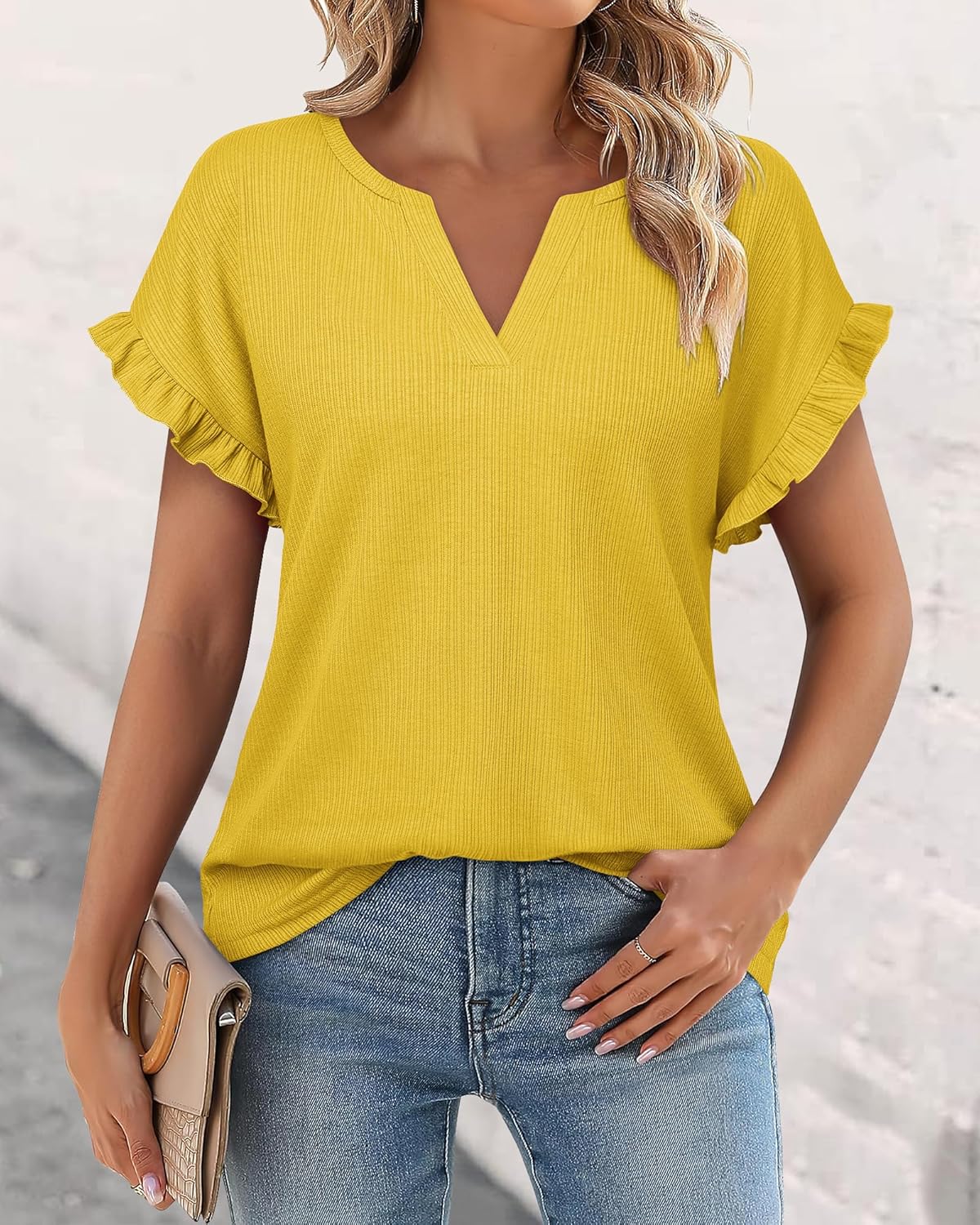 Youtalia Women's Casual Ribbed Knit Tops Ruffle Short Sleeve T Shirts Summer V Neck Solid Blouses - Image 2