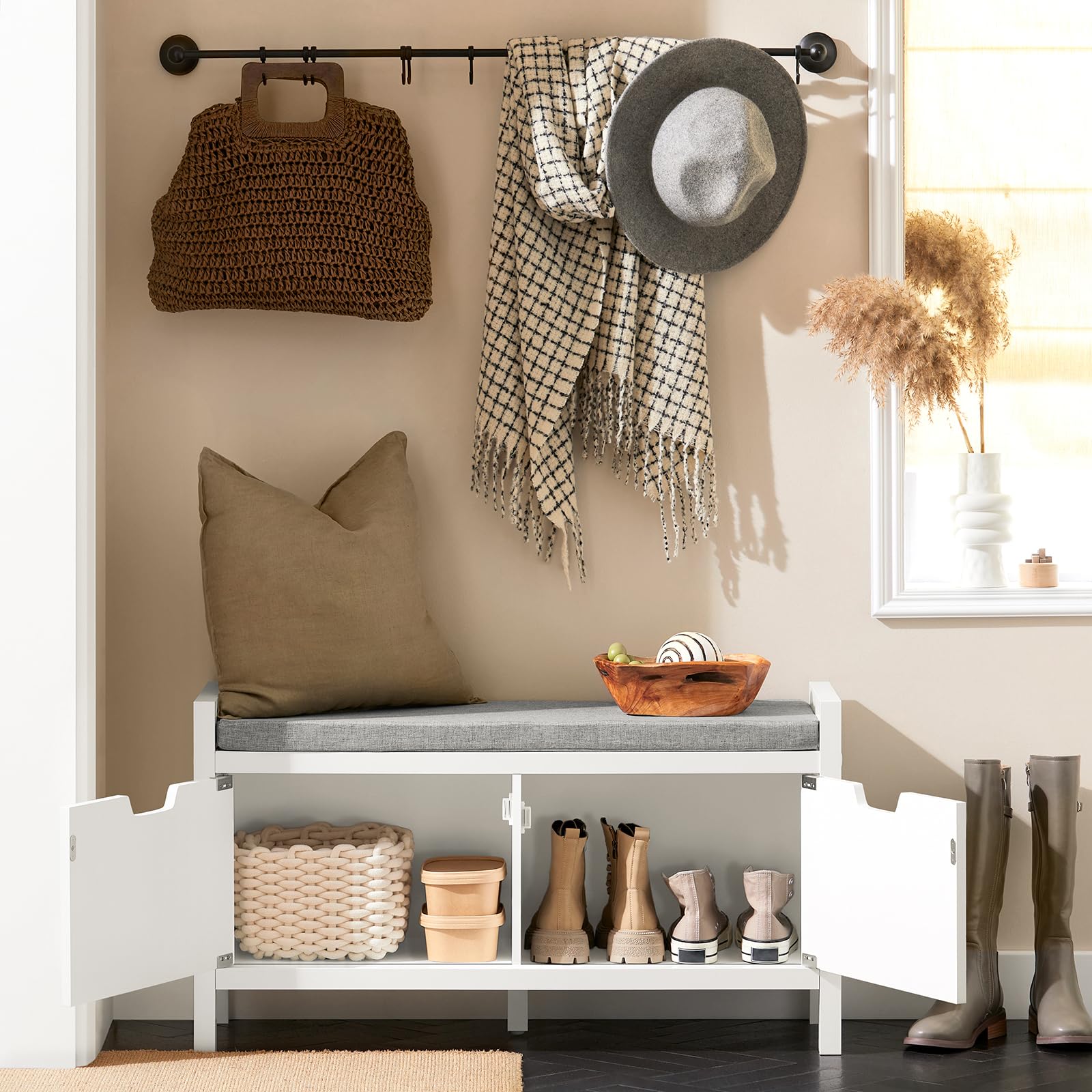 SoBuy Panca scarpiera con 2 ante 91x30x50cm per ingresso | Cassapanca salvaspazio con cuscino rimovibile e 2 ante apribili, MDF E1, portata 150kg, bianco FSR63-II-W