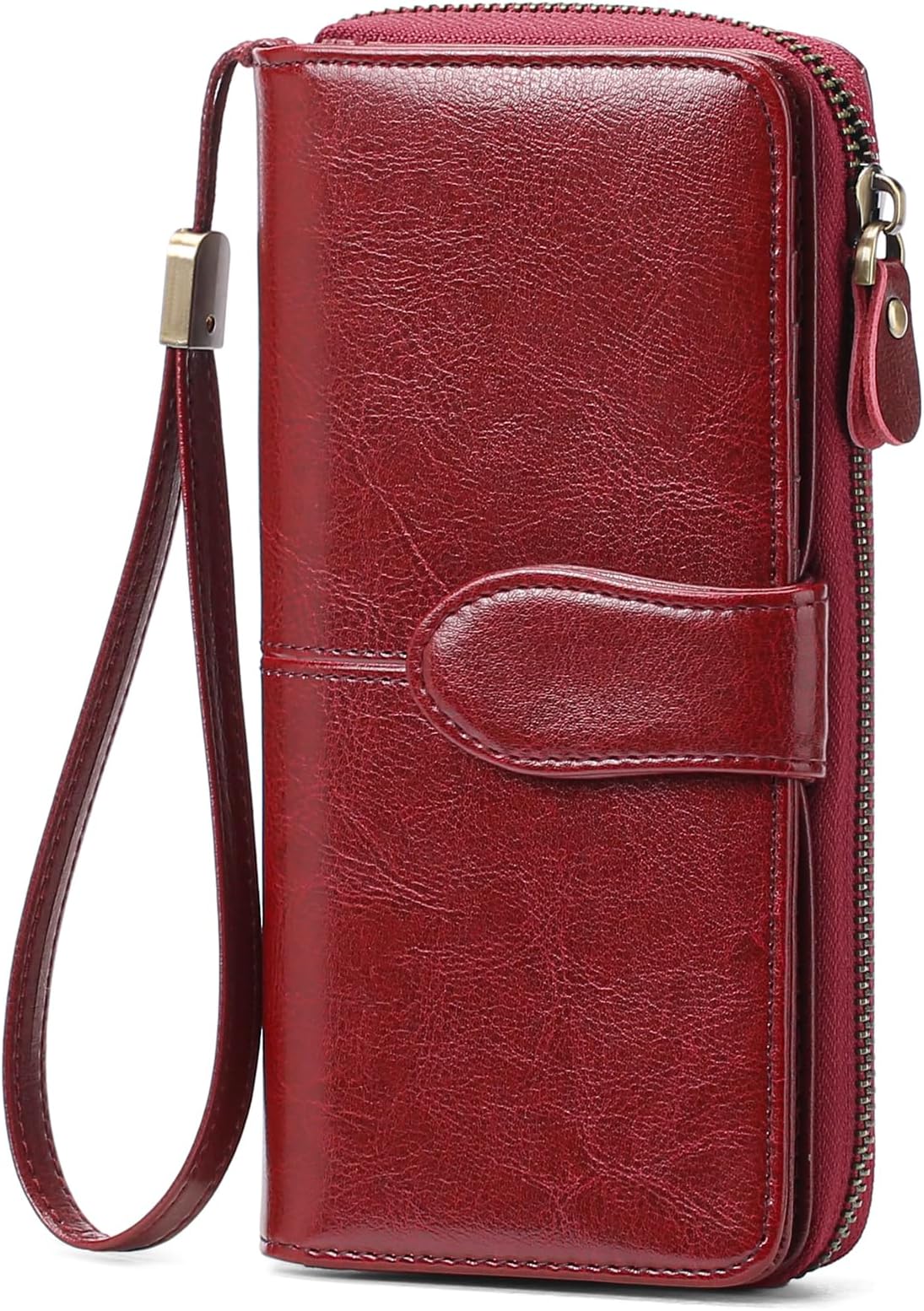 Genuine Leather Wallet for Women RFID Blocking Clutch Wristlet Purse Large Capacity Zip Around (Dark Red)