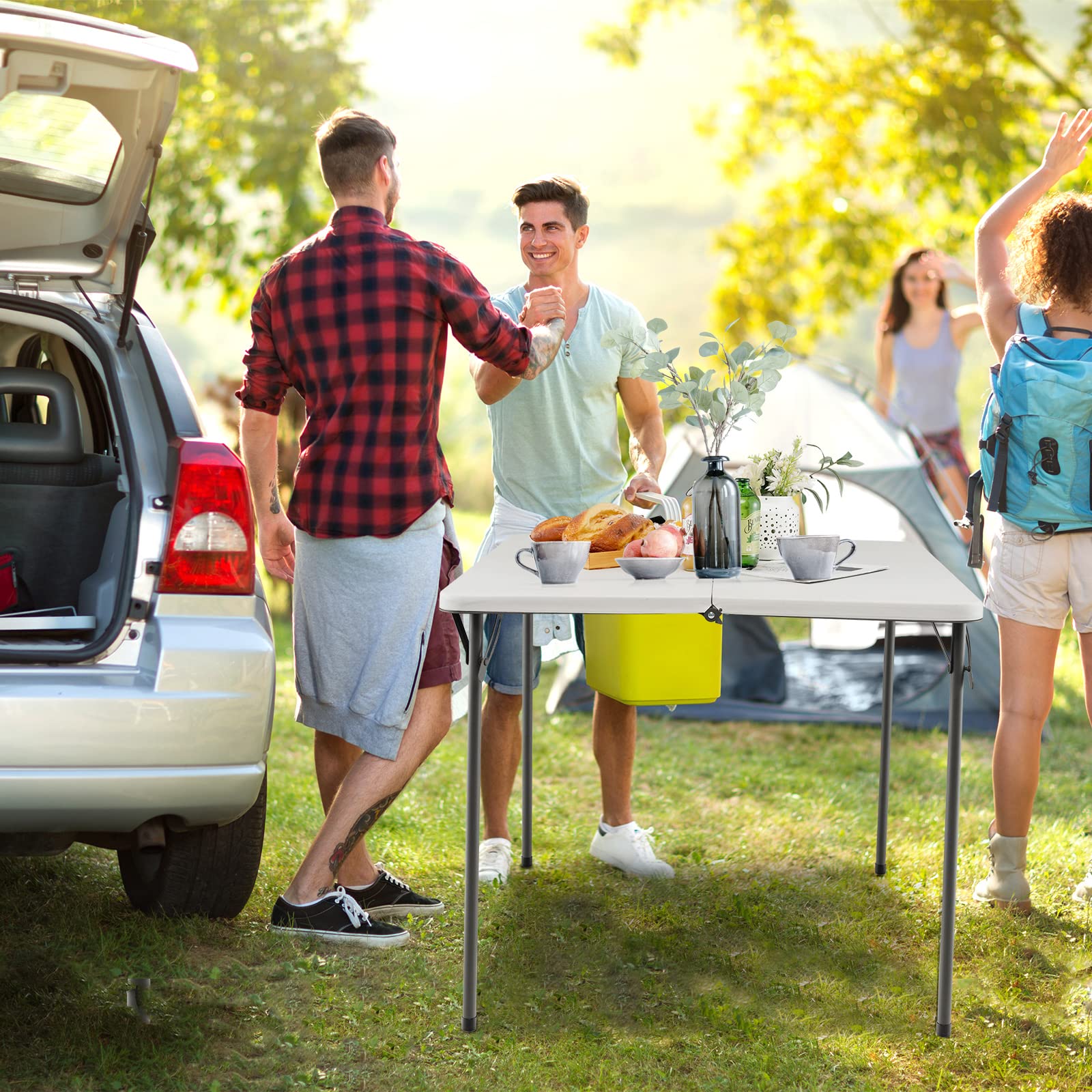 KOMFOTTEU Table de Camping Pliante, HDPE, Charge 150 kg, 86x86x74 cm, Blanc