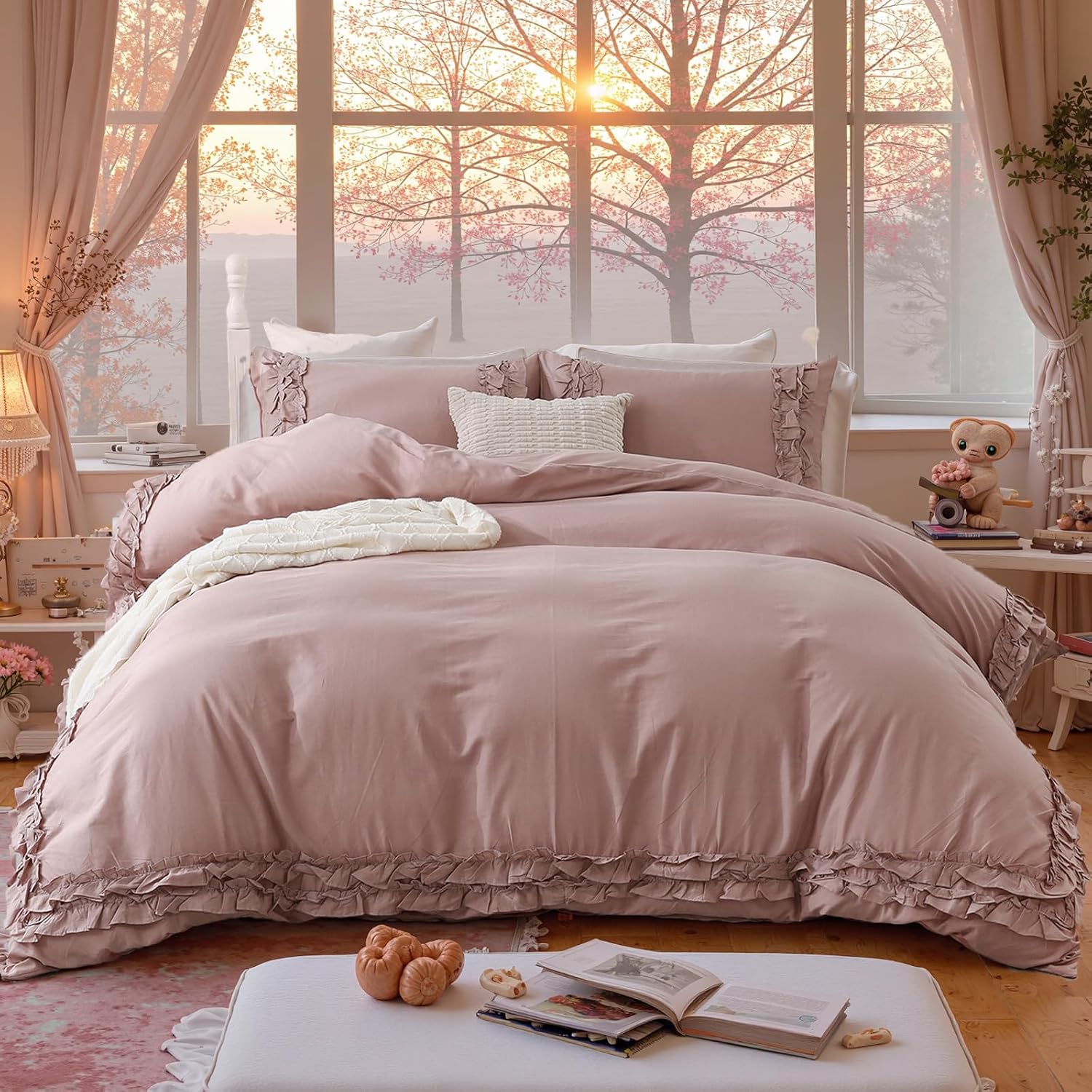 Merryword Red Pink Cotton Ruffled Duvet Cover Set Queen, Vintage Shabby Chic Farmhouse Pink Clay Bedding Set Coquette Aesthetic French Country Comforter Cover