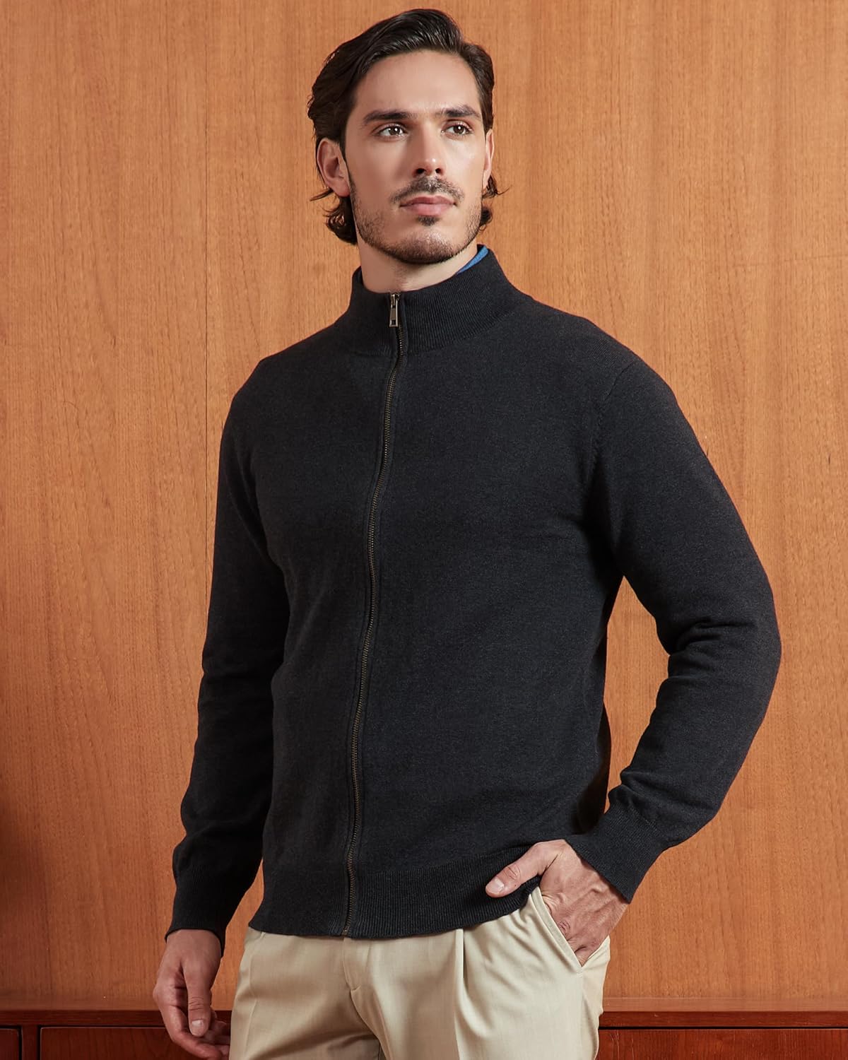 Kallspin Men's Full Zip Up Sweater Cardigan Pure Cotton Stand Collar Sweater Classic Lightweight Cardigan - Image 5