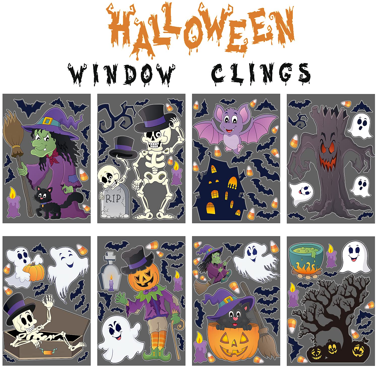 STEFORD Halloween Window Clings,110+ Pieces Halloween Vinyl Double-Side Window Glass Stickers Decals for Halloween Party Decorations