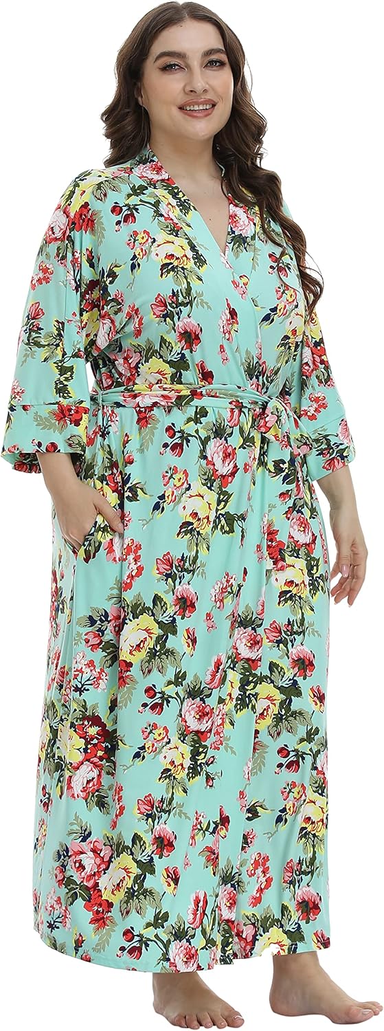 Women's Plus Size Long Robe Full Length Bathrobes Kimono Dressing Gown Sleepwear Maternity Delivery Robes with Pocket - Image 4
