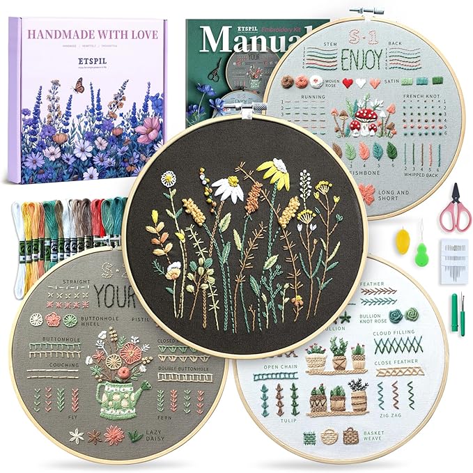ETSPIL Embroidery Kit for Beginners, 4 Floral Patterns, Learn 33 Stitches, Pre-Printed Fabric, 7.8-Inch Hoop, Colored Threads and Needles, Easy Video Guide, DIY Hand Sewing Gift for Adults and Teens