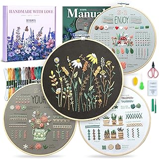ETSPIL Embroidery Kit for Beginners, 4 Floral Patterns, Learn 33 Stitches, Pre-Printed Fabric, 7.8-Inch Hoop, Colored Threads and Needles, Easy Video Guide, DIY Hand Sewing Gift for Adults and Teens