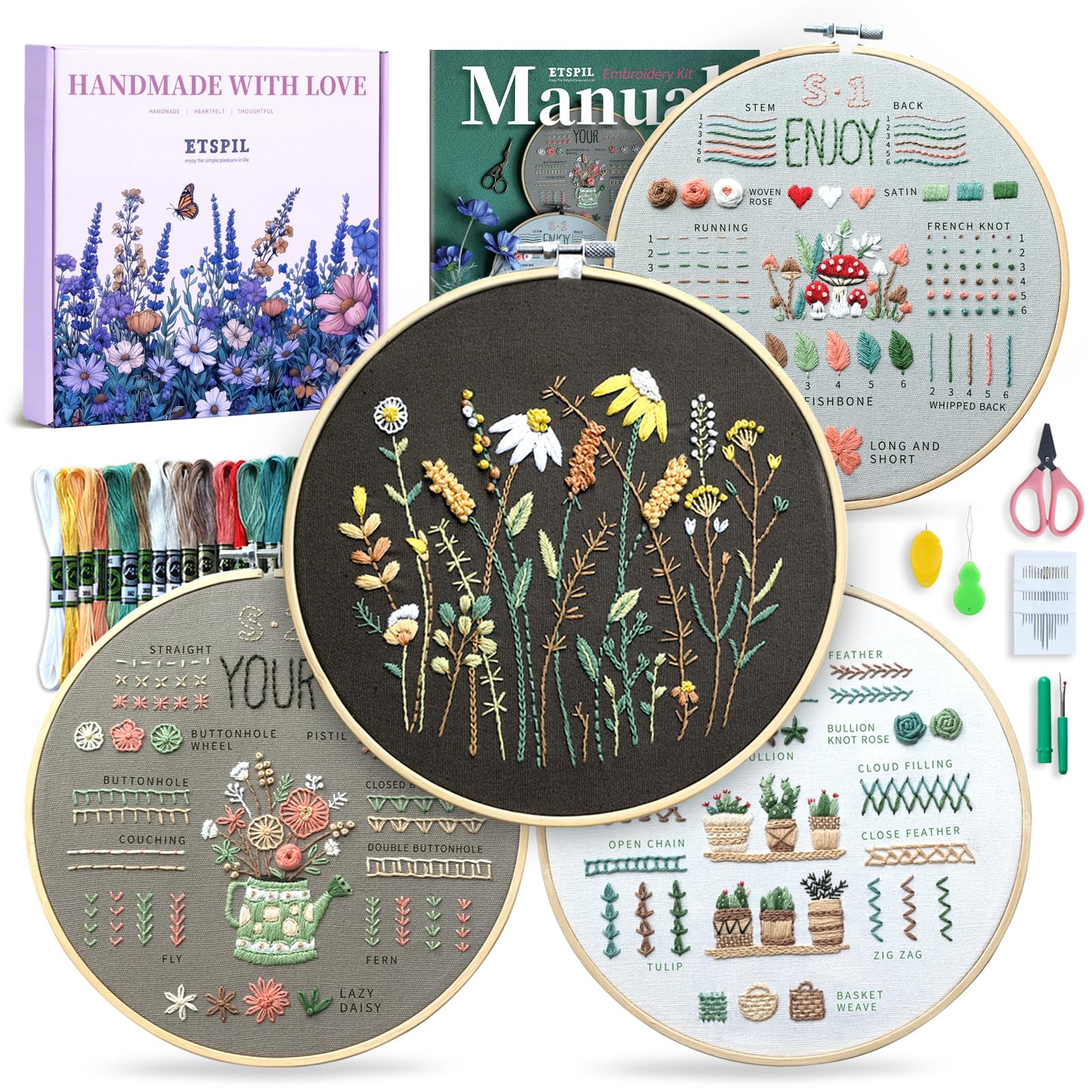 Sponsored Ad - ETSPIL Embroidery Kit for Beginners, 4 Floral Patterns, Learn 33 Stitches, Pre-Printed Fabric, 7.8-Inch Hoop, Colored Threads and Needles, Easy Video Guide, DIY Hand Sewing Gift for Adults and Teens