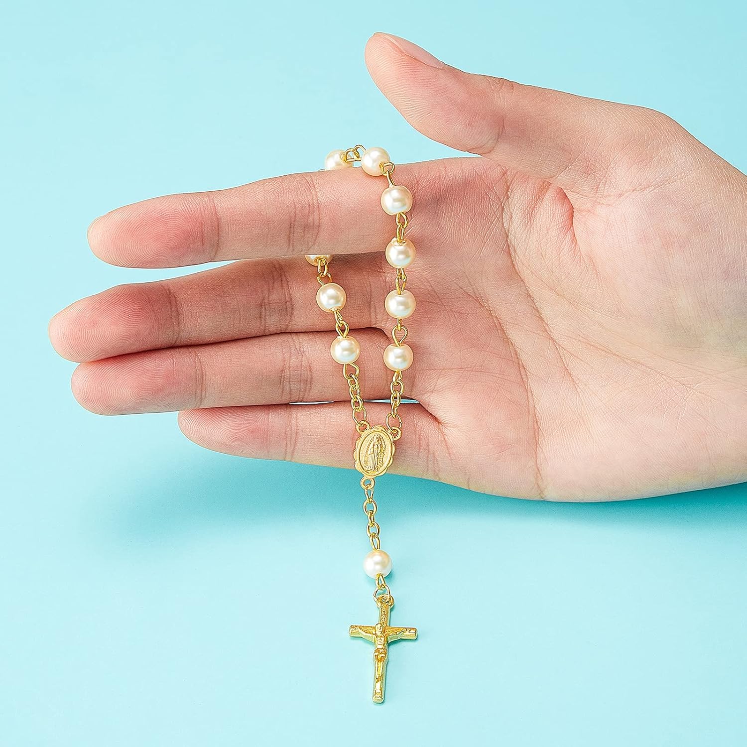 Junkin 30 Pieces Baptism Rosary Acrylic Rosary Beads Ivory Color Mini Finger Baptism Rosaries Gold Plated Faux Pearls with Organza Bags for Christening Weddings Party Favors