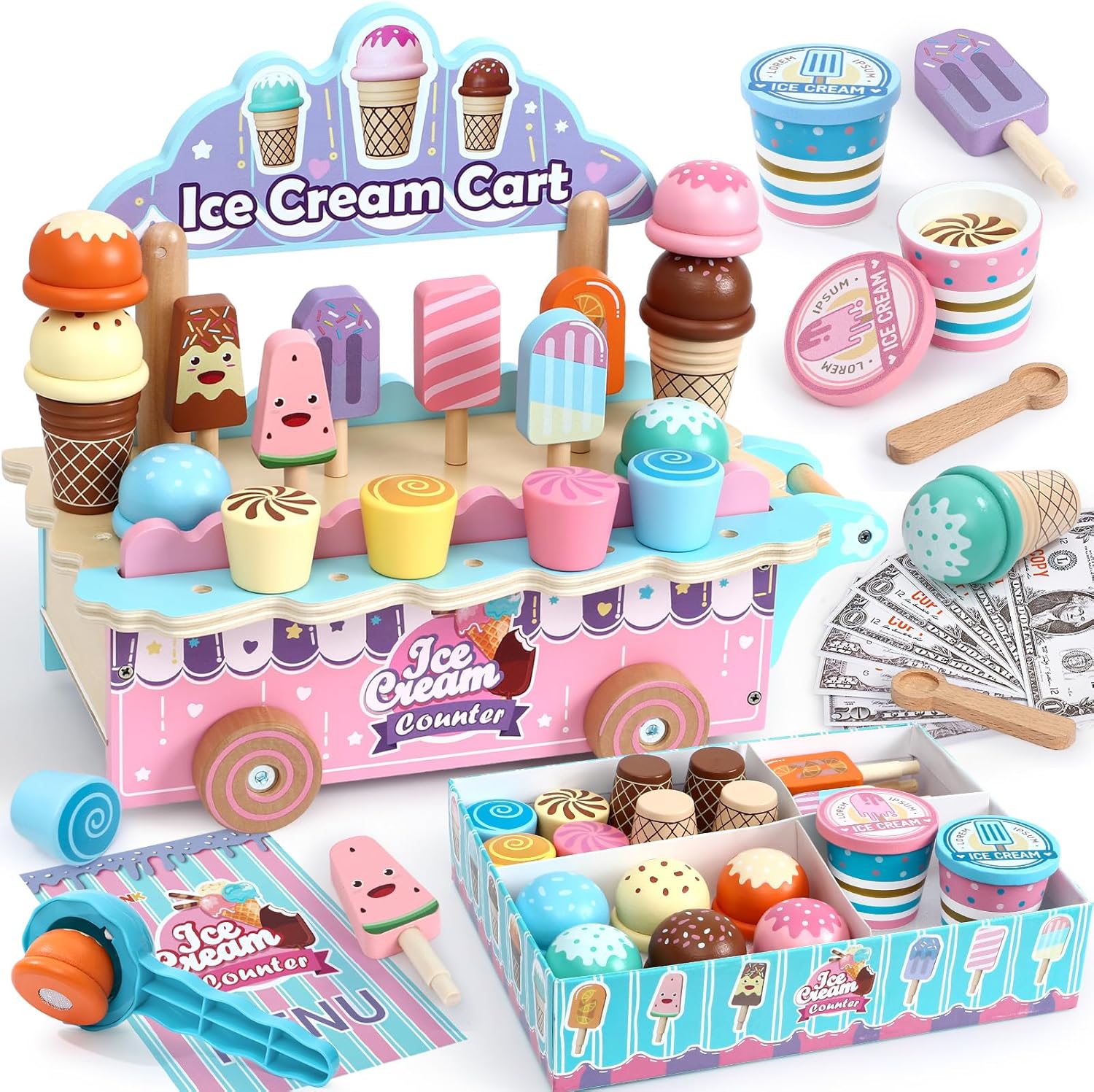 Atoylink Wooden Ice Cream Toys for Kids Pretend Play Food Toys with Scoop & Menu & Fake Money, Ice Cream Cart Play Store Toys for Toddlers Girls 3 4 5 6 Year Old Gift