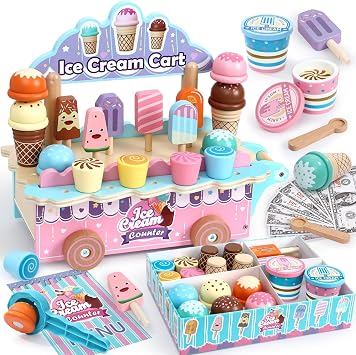 Atoylink Wooden Ice Cream Toys for Kids Pretend Play Food Toys with Scoop & Menu & Fake Money, Ice Cream Cart Play Store Toys for Toddlers Girls 3 4 5 6 Year Old Gift