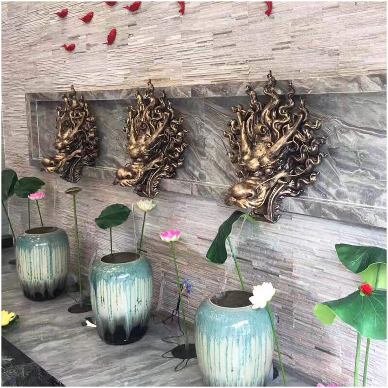 Fontana con drago cinese, Feng Shui, da parete, per esterni, cortile, terrazza, decorazione (marrone)