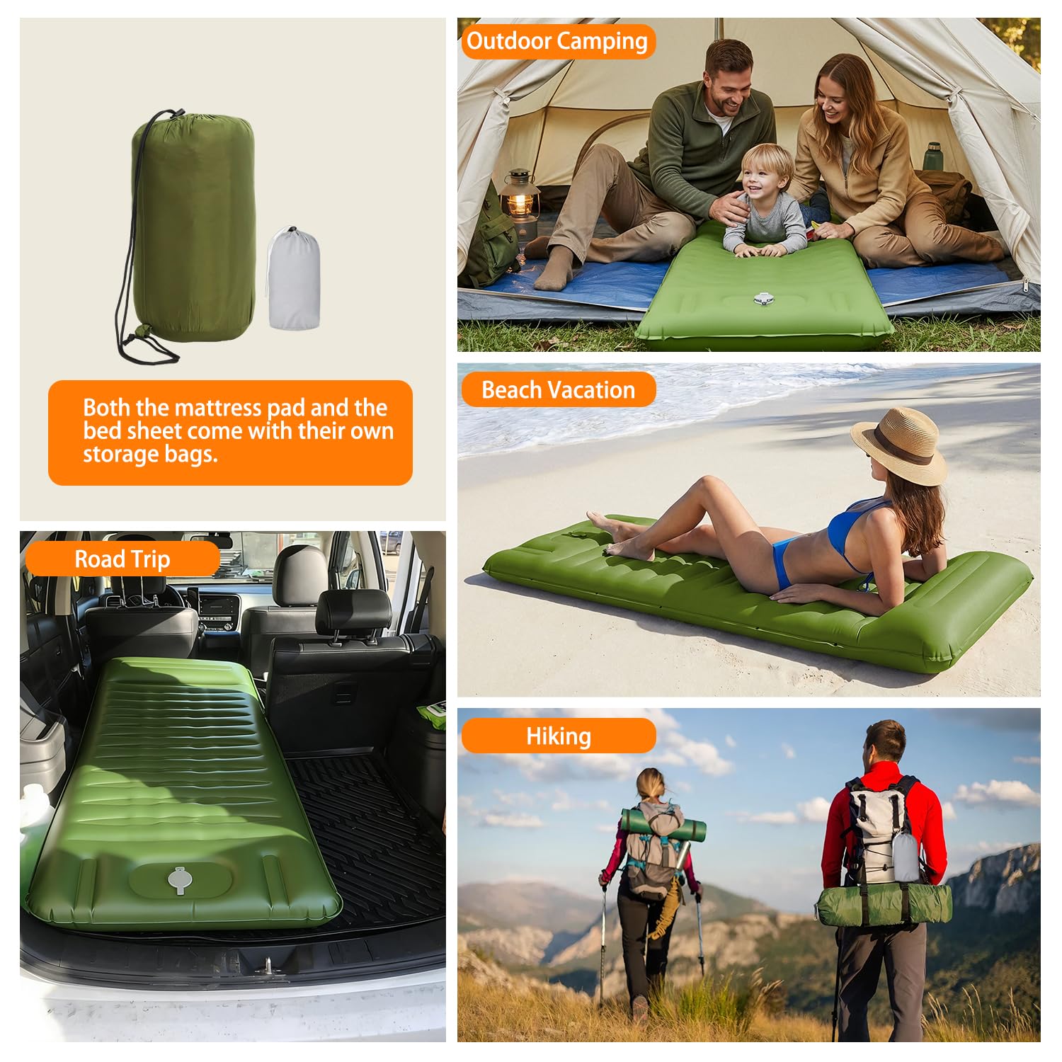 Colchoneta de dormir para acampar, 13 cm mejorada con bomba integrada, colchón inflable ultraligero, almohadilla de dormir para acampar al aire libre, mochileros, senderismo, viajes (verde