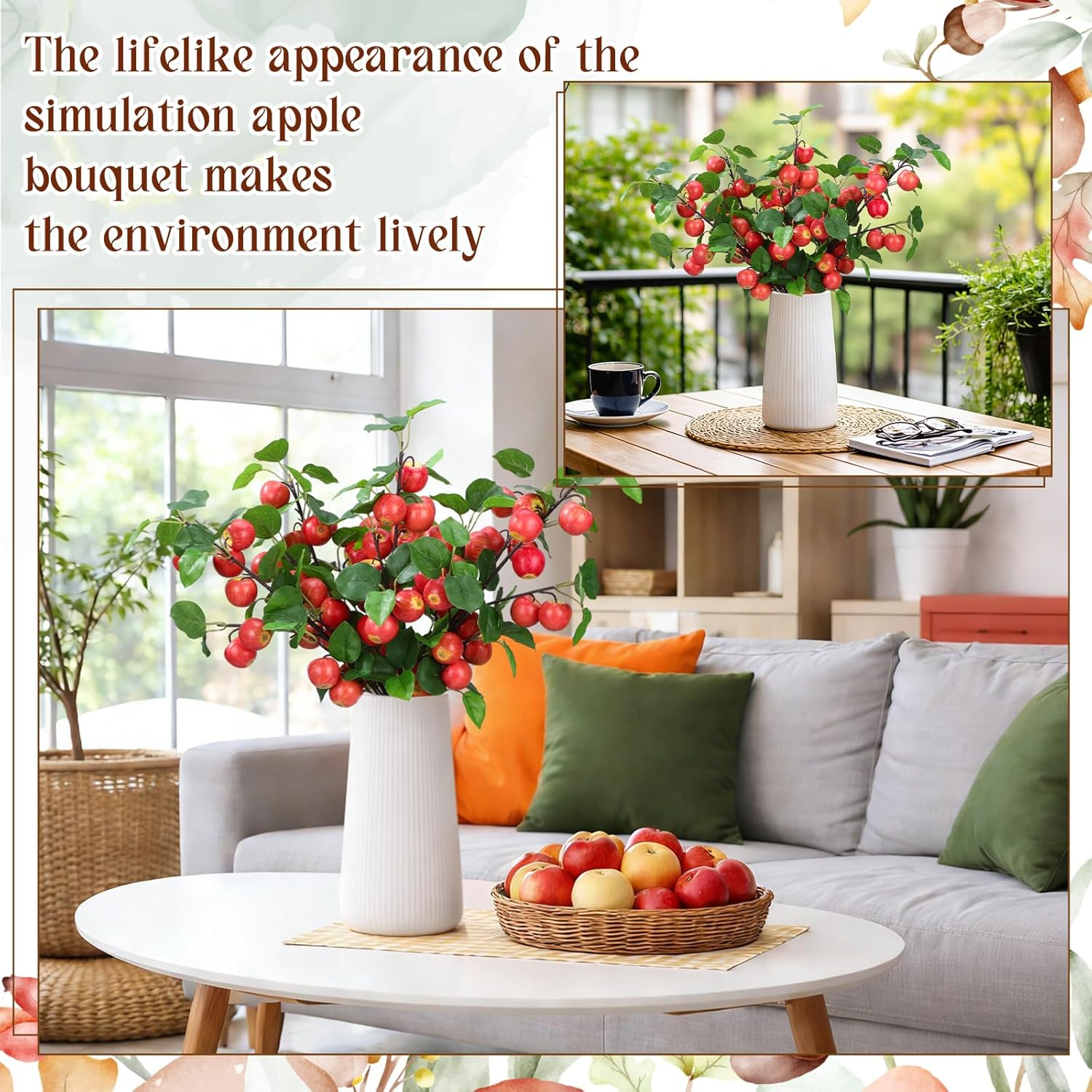 6 Pcs 29.53 Inches Artificial Fake Apple Branches Realistic Tall Apple Bouquets Tree Branch with Long Stem and Green Leaves Fruit Plant for Home Office Vase Filler Shop