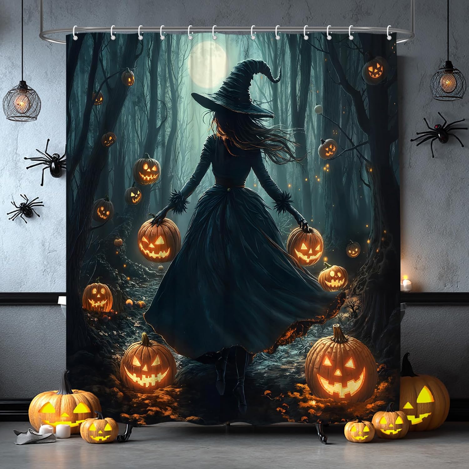 Halloween Witchy Shower Curtain Horror Black Forest Scary Pumpkin Moon Dead Tree Spooky Night Bathroom Curtain Fabric with Hooks(84" Wx70 H)